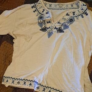 Lucky Brand Embroidered Cream and Blue Women's Top